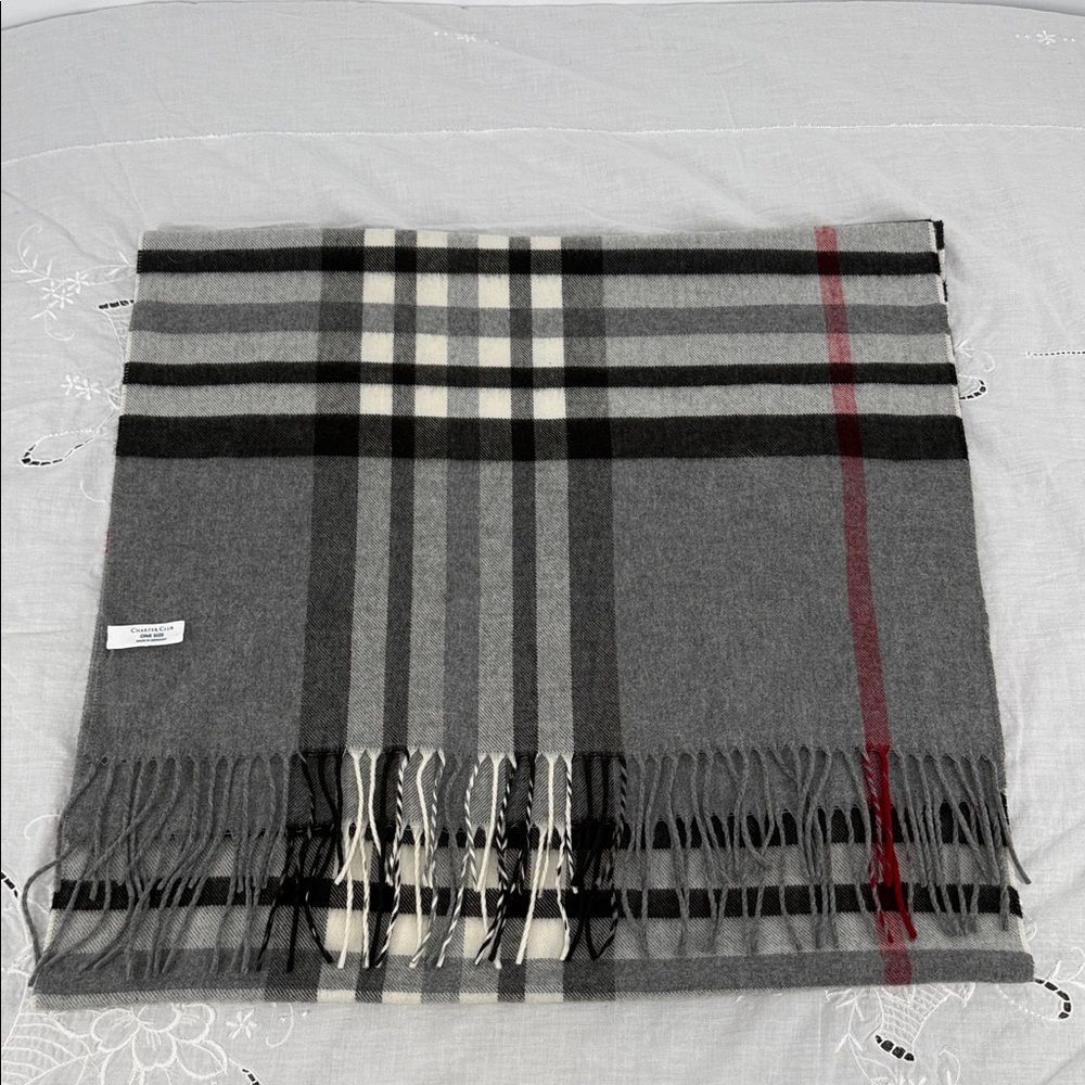 Charter Club Scarf Wrap Wide Gray Black Red Plaid Fringe Winter Preppy Classic